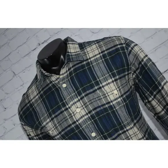 J Crew Flannel Dress Shirt Button Up Mens Size XL Slim Green Blue Plaid Cotton - Picture 2 of 7